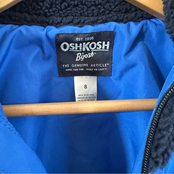OshKosh Boys Sherpa Zip Hoodie Blue Red Trim Cozy Lined Size 8 - Picture 4 of 9